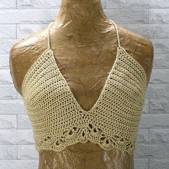 Hand Crafted Tops - HAND CRAFTED Crop Top Crochet Bikini Halter Neutral Festival Rave Tan Various